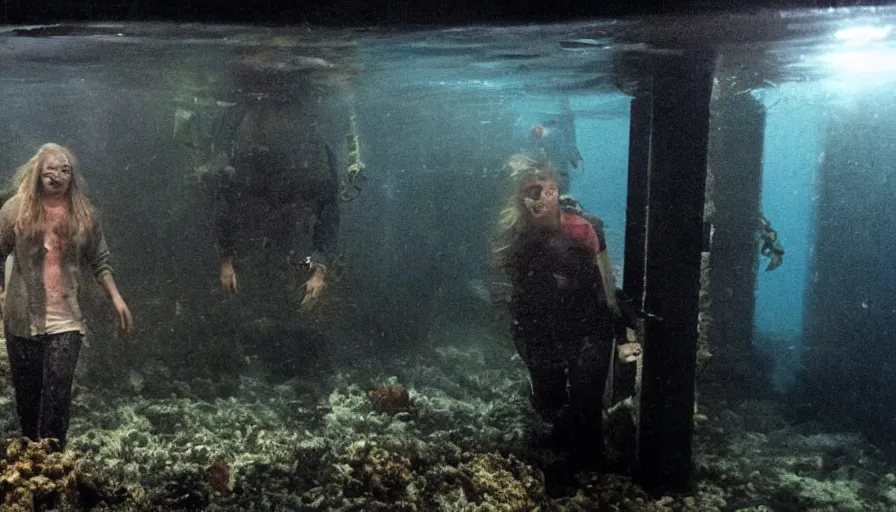 Image similar to Big budget horror movie, outside an undersea science building deep under water