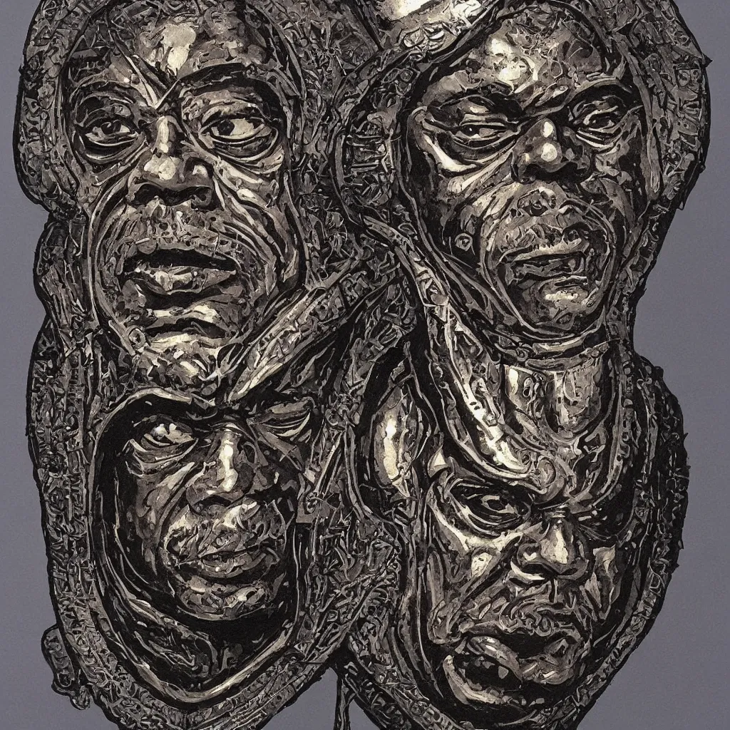 Image similar to Stunning cartooned art nouveau bust portrait of James Earl Jones as Thulsa Doom in scratchy rune-carved armor, with metallic art nouveau shield designs, by Bernie Wrightston and Mike Mignola, deep atmospheric colors, sinister ambience, malevolent countenance, determination, dominance, confidence, mixed media painting, accurate symmetrical facial details, perfect symmetry, sumerian, roman, egyptian, medieval, Karol Bak
