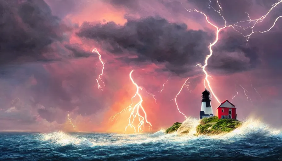 Prompt: a lighthouse being struck by lightning out at sea, digital art, highly detailed, realistic, bright colors, 8 k