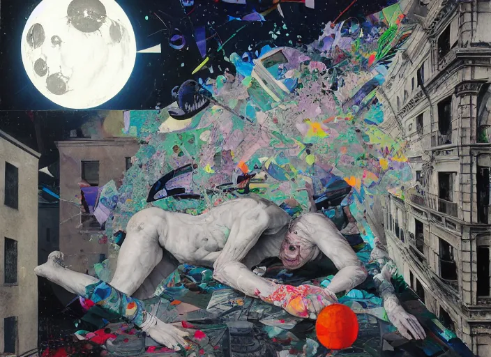 Image similar to decollage painting old white - headed man under the huge moon on a street of ruined city by adrian ghenie and takato yamamoto and edward hopper and mark ryden and tsutomu nihei, part by bridget riley, acrylic pour and splashing paint, very coherent, baroque elements, perfect anatomy, intricate design. pop art.