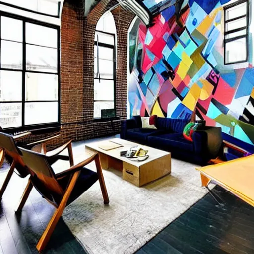 Prompt: trendy loft with modern murals on the wall, modern art and patterns, interior design, lovely architecture