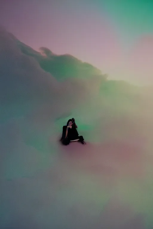 Image similar to high quality pastel coloured film close up wide angle photograph of a model wearing clothing resting on cloud furniture in a icelandic black rock!! environment in a partially haze filled dreamstate world. three point light, rainbow. photographic production. art directed. pastel colours. volumetric clouds. pastel gradient overlay. waves glitch artefacts. extreme facial clarity. 8 k. filmic.