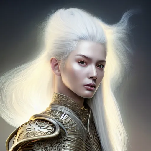 Image similar to portrait digital painting of a woman with flowing luscious glowing white hair standing whilst holding a sword, wearing intricate plate - armor and leather underneath. intricate, elegant, highly detailed, digital painting, artstation, concept art, smooth, sharp focus, illustration, by terry wei, qiu fang, tooth wu, kan liu, siwoo kim, jisu choe