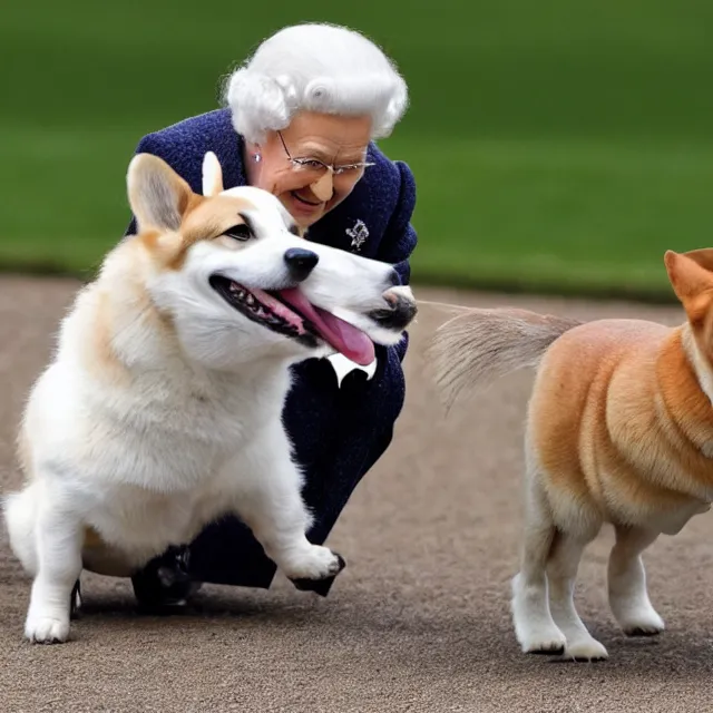 Prompt: photo of queen elizabeth riding a corgi like a horse on the lawn in front of buckingham palace, paparazzi photo, 4 0 0 mm f / 3. 5