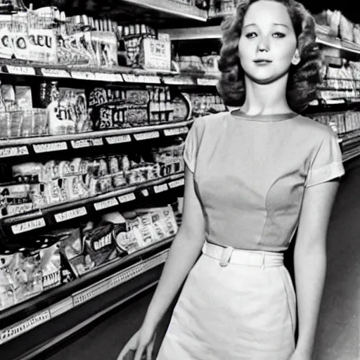 Image similar to jennifer lawrence in a grocery store in the 1950's, high quality, hyper realistic,