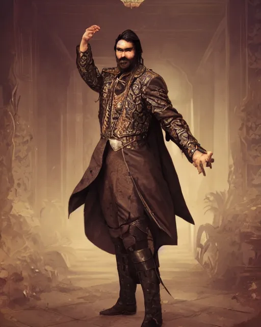 Image similar to nandor the relentless, from what we do in the shadows, kayvan novak, long black hair, half - body, 1 9 2 0 s suit, ornate cape, very detailed, intricate, cinematic, artstation, william bouguereau, daniel gerhartz, greg rutkowski, rossdraws, octane render