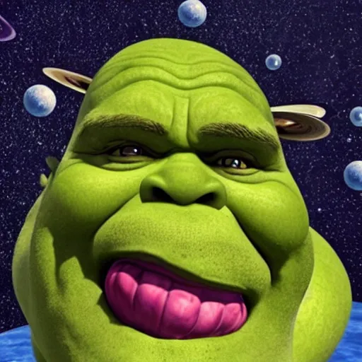 Prompt: planet sized Shrek travels through galaxy and consumes planets in to his mouth