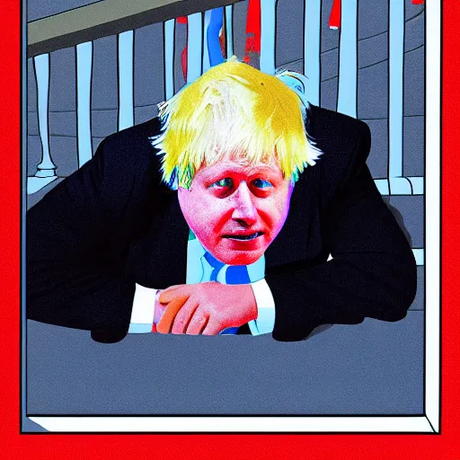 Prompt: Boris Johnson digital painting crying on the naughty step outside downing street 10 with a pool of tears under him, 8k, perfect lighting, high contrast, wide-angle, Nikon mirrorless, sad, brexit, flickr, WLOP