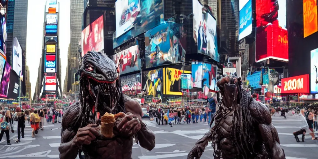 Prompt: Predator standing in Times Square Eating an Ice Cream Cone