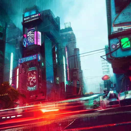 Image similar to a 3 d rendered in unreal engine guatemalan cyberpunk city with neon ads and signs with evocative dramatic mood with blade runner vibe with cars with motion blur with depth of field with bloom with lightshaft with volumetric lights, fog, by scott robertson, oscar winning graphics, photo realistic, bloom, imax, dynamic lighting, artstation, 3 d video game