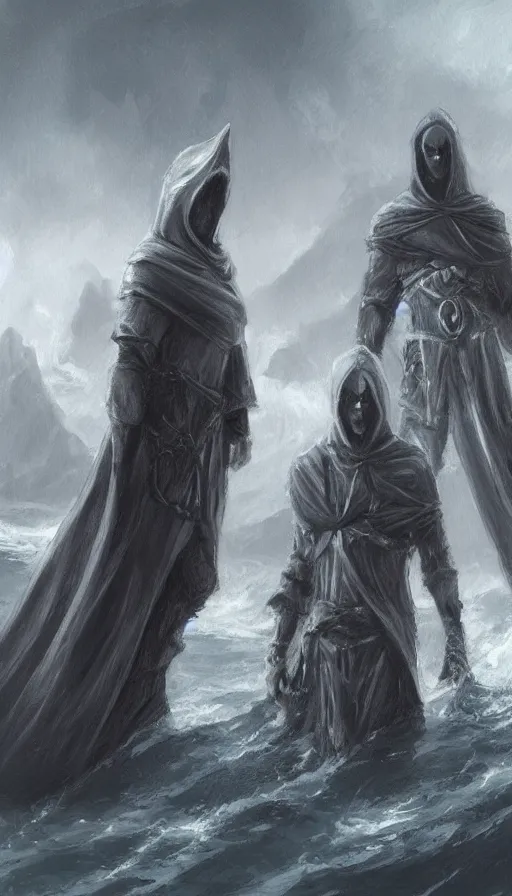 Image similar to hooded cultists, on the ocean, epic, dark fantasy, concept art