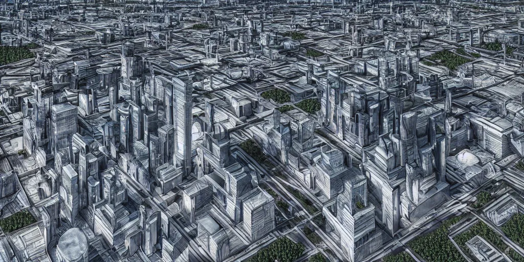 Prompt: drone view of a sci-fi Berlin with a large road through, Brutalist architecture,sharp focus,telephoto lens,3D digital art 4k