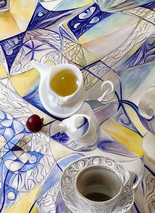 Image similar to Escher inspired teapot, designed by Rene Lalique, studio photography on a Leonid Afremov tablecloth, breakfast