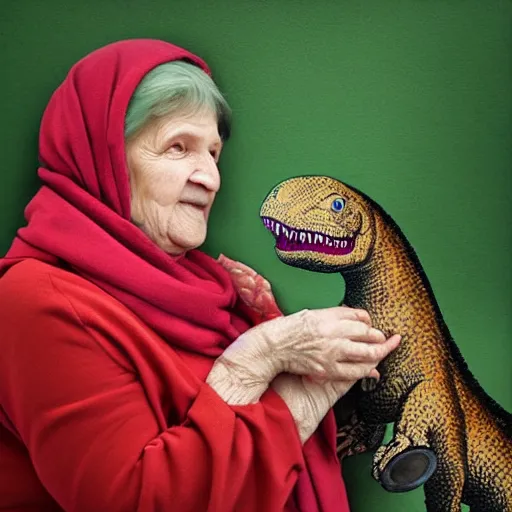 Prompt: portrait of a babushka with pet miniature tyrannosaurus