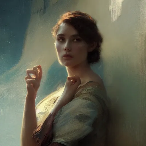 Prompt: an elegant, wise young woman looking dramatically over her shoulder, character portrait by gaston bussiere, greg rutkowski and craig mullins