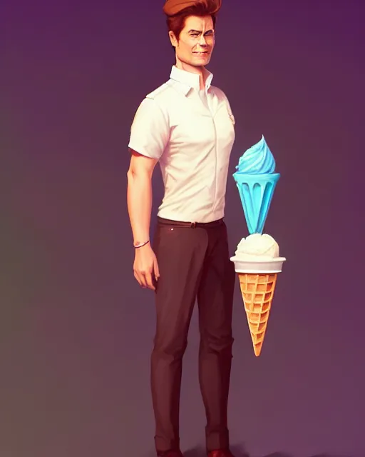 Image similar to full body anthropomorphic ice cream cone man resembling rob lowe!, fantasy, sci - fi, by charlie bowater, artgerm, ilya kuvshinov, krenz cushart, ruan jia, realism, ultra detailed, 8 k resolution