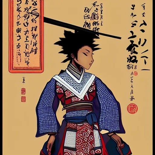 Image similar to “ afro - asian female samurai. savannah. manga art style ”