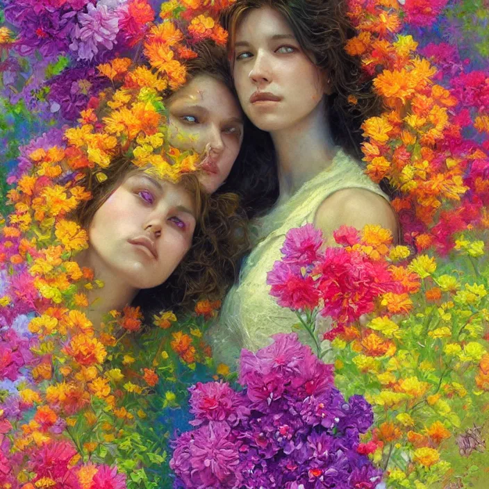 Image similar to portrait of women hugging made of colorful rainbow fractal flowers hugging , closeup character portrait art by Donato Giancola, Craig Mullins, digital art, trending on artstation