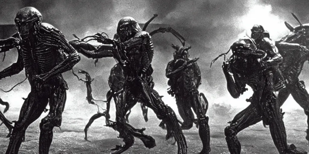 Prompt: film still, soldiers fighting monsters, from alien 2 ( 1 9 8 6 )