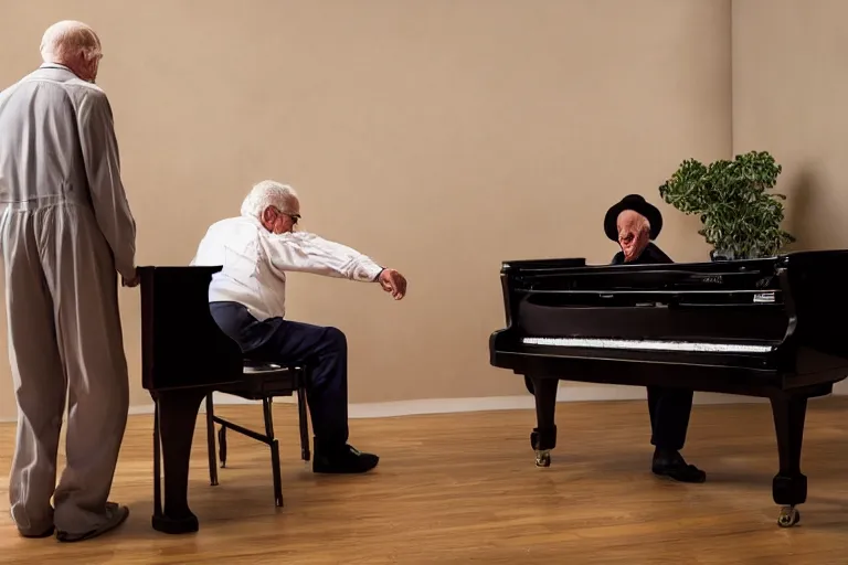 Prompt: amazing award winning photo of an old man chasing a piano with legs, award winning photo