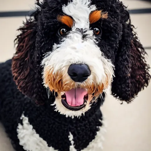 Image similar to a closeup photorealistic photograph of a cute smiling knitted bernedoodle judge dog dressed in a black gown, presiding over the courthouse. indoors, professional capture, well lit shot. this 4 k hd image is trending on artstation, featured on behance, well - rendered, extra crisp, features intricate detail, epic composition and the style of unreal engine.