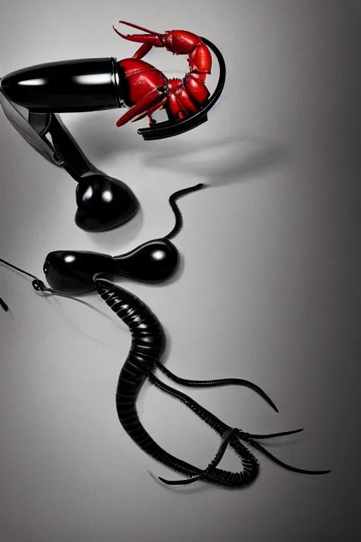 Prompt: commercial product photography advertisement for Salvador Dali’s Lobster Telephone, a black Rotary telephone with a painted plaster lobster for a handle, Rear lighting, commercial studio lighting