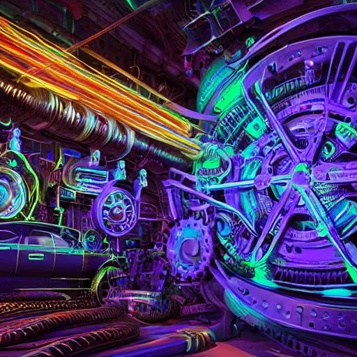 Image similar to album art, the album is called tripmachine, trance music, a huge steampunk mechanic machine made of loudspeakers and music intruments, with many gears and tubes and wires,, 8 k, fluorescent colors, halluzinogenic, multicolored, blue neon accents, exaggerated detailed, front shot, 3 d render, octane