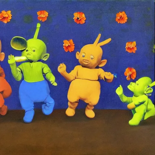 Image similar to painting of the teletubbies with the pearl earring, in the style of johannes vermeer