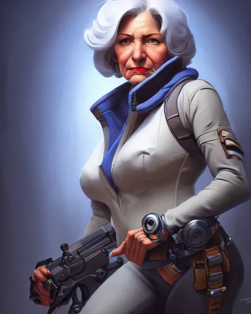 Image similar to ana from overwatch, older woman, gray hair, character portrait, portrait, close up, highly detailed, intricate detail, amazing detail, sharp focus, vintage fantasy art, vintage sci - fi art, radiant light, caustics, by boris vallejo