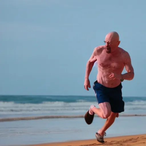 Image similar to Walter White running on the beach, artistic, 8k, cinematic, accurate, symetric, face, dramatic lighting, pastel colours