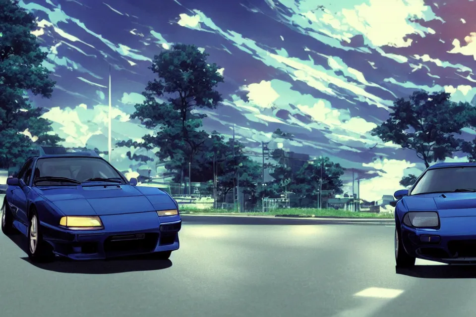 Image similar to aesthetic illustration of ryosuke takahashi with black hair wearing a dark blue shirt standing near his white mazda rx 7 on an empty highway at dusk, cinematic lighting, initial d anime 1 0 8 0 p, detailed anime face, high detail, 9 0 s anime aesthetic, volumetric lights, unreal engine 5 render, pinterest wallpaper, trending on artstation