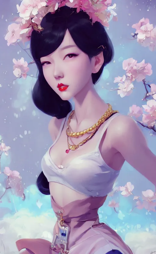 Image similar to a pin up and beautiful fashion charming dreamlke korea girl with lv jewelry, character art, art by artgerm lau and kyoung hwan kim and and ilya kuvshinov and john singer sargent, hyperdetailed, 8 k realistic, symmetrical, frostbite 3 engine, cryengine, dof, trending on artstation, digital art