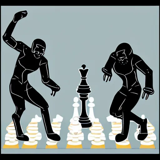 Image similar to a digital art comic book illustration of a humanoid black chess pawn on the left side attacking a humanoid white chess king on the right. trending on artstation. action scene
