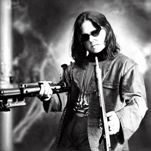 Prompt: ozzy osborne holding a rifle at zombies, photo