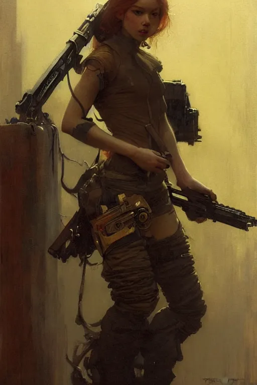 Image similar to portrait max mad cyberpunk, girl with a rifle character design, painting by gaston bussiere, katsuya terada, nc wyeth, greg rutkowski, craig mullins, vermeer, frank frazetta, tom of finland, trending on artstation, jeffery catherine jones