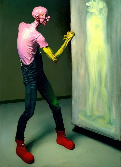 Image similar to an expressive skinny artist wearing overalls physically fighting with a ghost, inside a grand studio, depth of field, hauntingly surreal, highly detailed oil painting, by francis bacon, edward hopper, adrian ghenie, glenn brown, soft light 4 k, green and pink colour palette, cinematic composition, cinematic lighting, high quality octane render, masterpiece