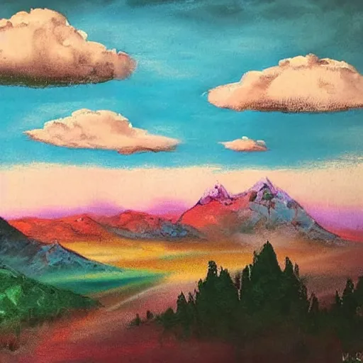 Prompt: psychedelic painting of landscape with mountains and puffy clouds, beautiful