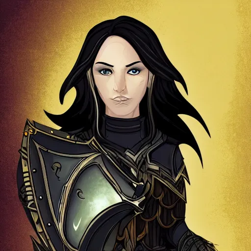 Image similar to female half-elf paladin of the raven queen in black armor with a shield, black hair, clear face, dark eyes, digital illustration