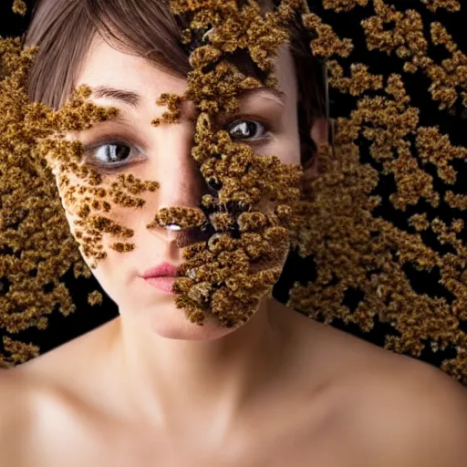 Image similar to photo portrait of a woman's face covered in killer - bees