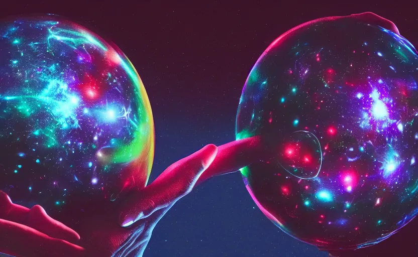 Image similar to pro - vida, cosmic integration, closeup of a hand holding spheres of power, cosmic color scheme, macro up view, neon, glow, darkness, dramatic, sharp focus, octane render, imax