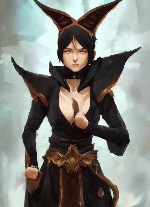 Prompt: concept art painting of a woman with brown skin and short white hair, demon horns, elf ears, full clothing, black clothes, blue robes, detailed, cel shaded, in the style of ruan jia and artgerm and makoto shinkai and james gurney