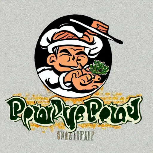 Prompt: dream logo for cannabis company, Popeye smoking cannabis, old, dates, worn, faded