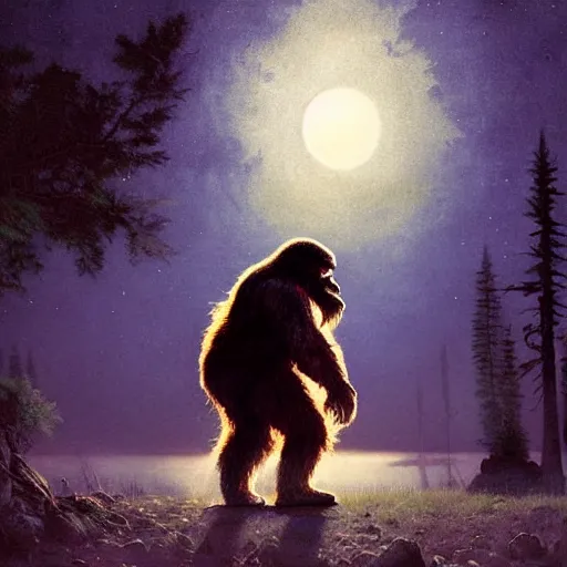 Prompt: UHD photorealistic Bigfoot playing electric guitar under a full moon, by Greg Rutkowski and Albert Bierstadt