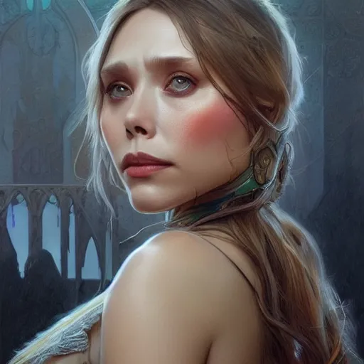 Image similar to ultra realistic illustration, elizabeth olsen, intricate, elegant, highly detailed, digital painting, artstation, concept art, smooth, sharp focus, illustration, art by artgerm and greg rutkowski and alphonse mucha