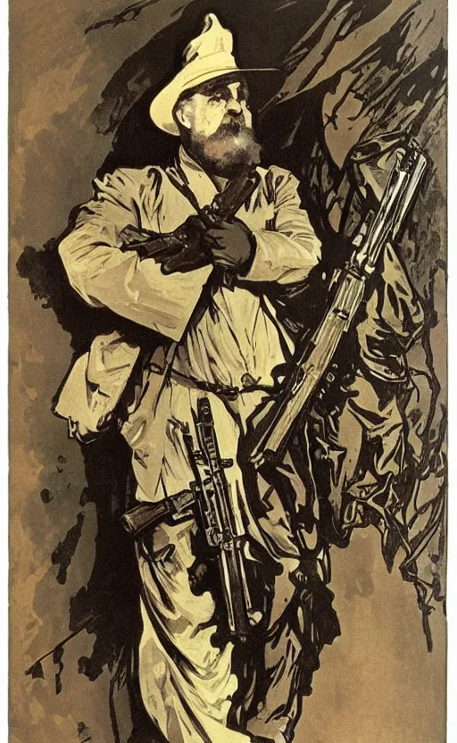 Image similar to portrait of John Brown holding a rifle, lithograph by Alphonse Mucha