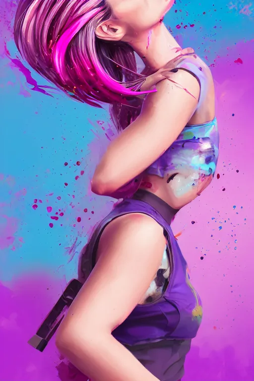 Image similar to a award winning half body portrait of a beautiful woman in a croptop and cargo pants with ombre purple pink teal hairstyle with head in motion and hair flying by artgerm, paint splashes, splatter, outrun, vaporware, shaded flat illustration, digital art, trending on artstation, highly detailed, fine detail, intricate