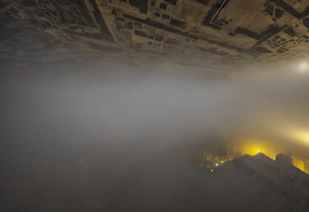 Image similar to looking up there is a city on a pit, night, in the ceiling there is fog, yellow light