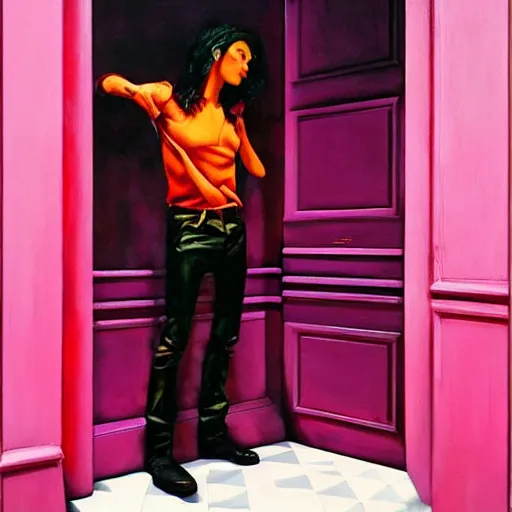 Image similar to diego dayer, alex gross, hyperrealistic surrealism, award winning masterpiece with incredible details, a surreal vaporwave painting of bright pink door leading to nowhere, mirrors everywhere, highly detailed, hallway with black and white checkered floor, intricate, elegant