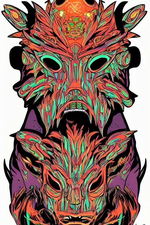 Image similar to animal mask totem roots flower tribal feather gemstone plant wood rock shaman vodoo video game vector cutout illustration vivid multicolor borderlands comics by josan gonzales and dan mumford radiating a glowing aura