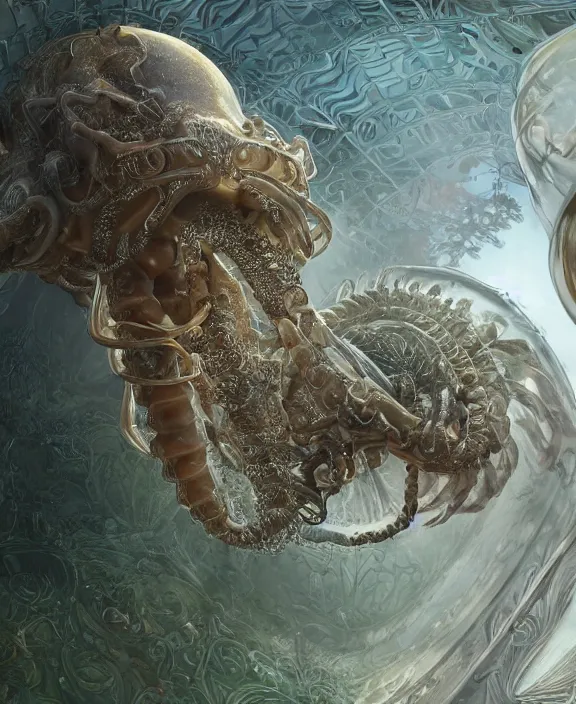 Prompt: intricate ornate opulent transparent clear see - through portrait of a horrific beautiful male human isopod nautilus tornado, adorable, childlike, overgrown biopunk jungle environment, ultra realistic, concept art, art nouveau, photorealistic, octane render, 8 k, unreal engine. art by christopher marley and artgerm and greg rutkowski and alphonse mucha